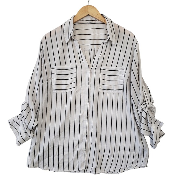 Maurices Tops - Maurices Button Down Shirt Womens XXL White Black Striped Roll Tab Sleeve Blouse